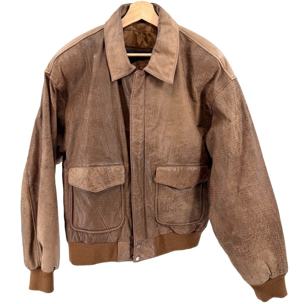 Vintage 90s Weekends Brown Leather Distressed Bomber Jacket